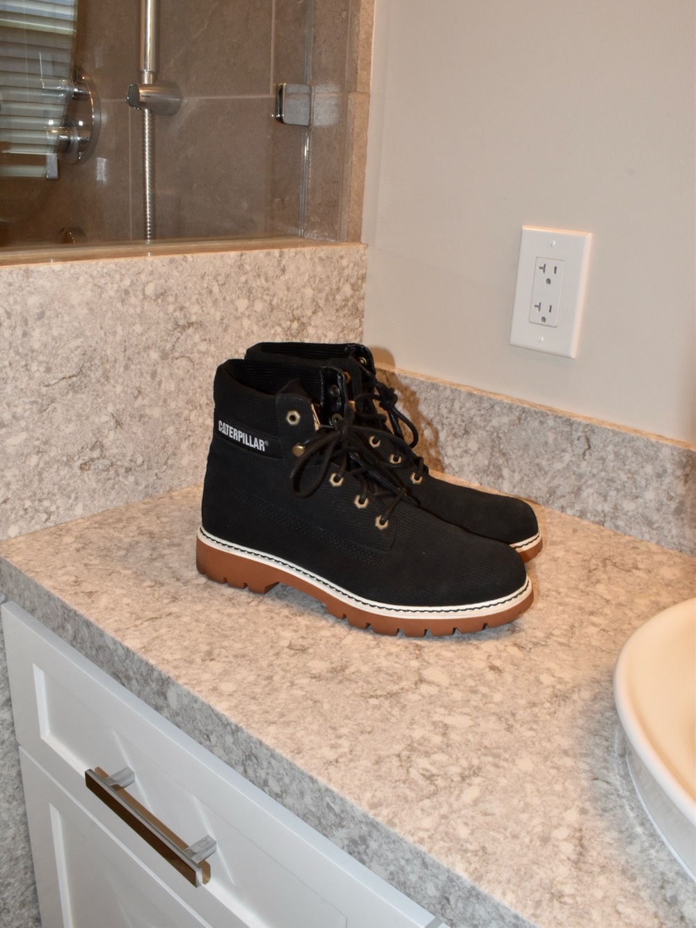 Caterpillar Black Suede Corduroy Ankle Boots with Brown & White Details